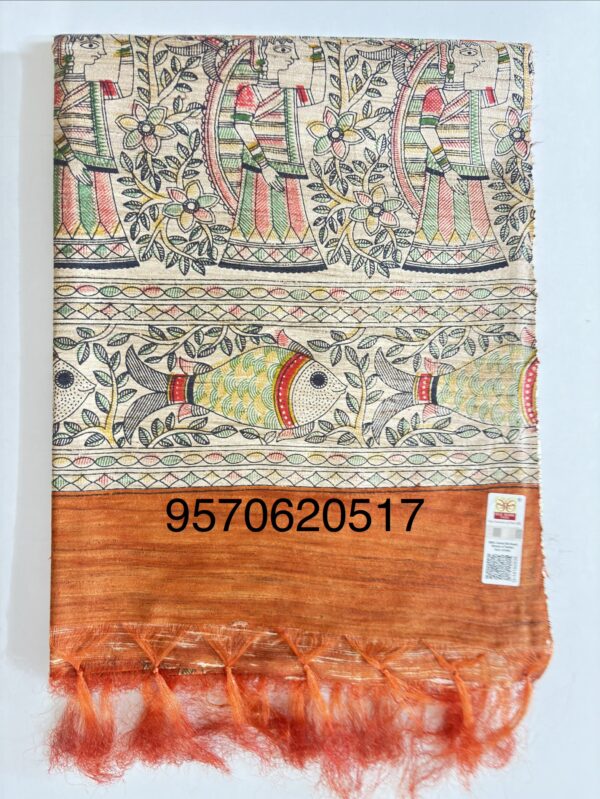 Handloom Tussar Ghicha Silk Saree with Artisan Screen-Printed Pallu & Border–Elegant Lightweight Ethnic Sari