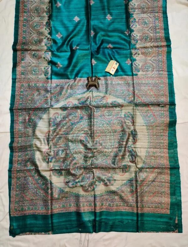 Handloom Tussar Ghicha Silk Saree with Artisan Screen-Printed Pallu & Border–Elegant Lightweight Ethnic Sari