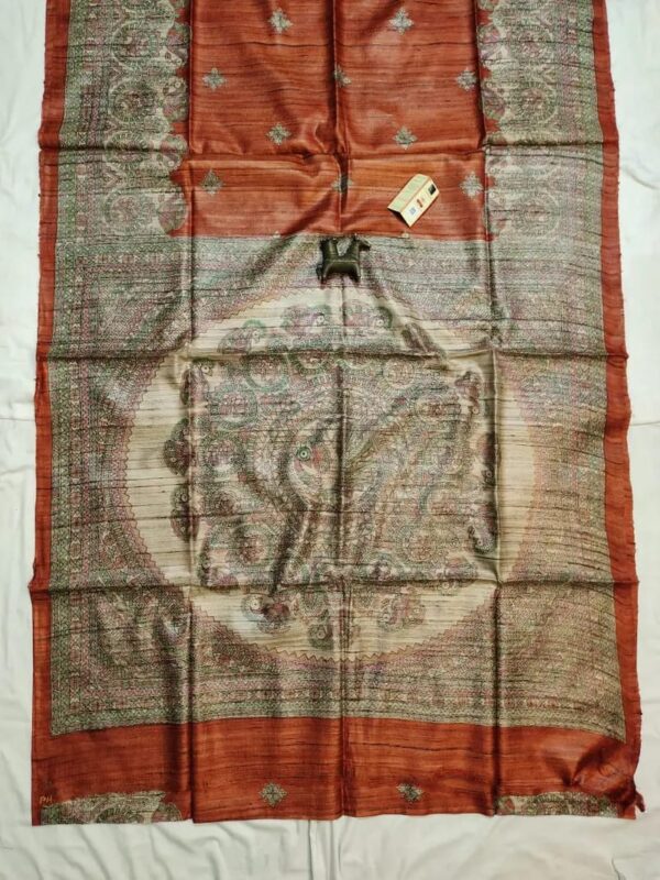 Handloom Tussar Ghicha Silk Saree with Artisan Screen-Printed Pallu & Border–Elegant Lightweight Ethnic Sari