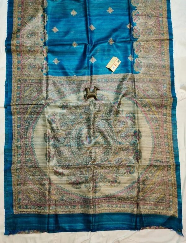 Handloom Tussar Ghicha Silk Saree with Artisan Screen-Printed Pallu & Border–Elegant Lightweight Ethnic Sari