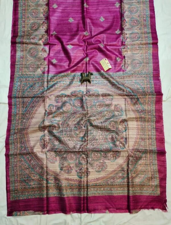 Handloom Tussar Ghicha Silk Saree with Artisan Screen-Printed Pallu & Border–Elegant Lightweight Ethnic Sari
