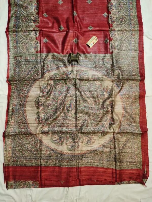 Handloom Tussar Ghicha Silk Saree with Artisan Screen-Printed Pallu & Border–Elegant Lightweight Ethnic Sari