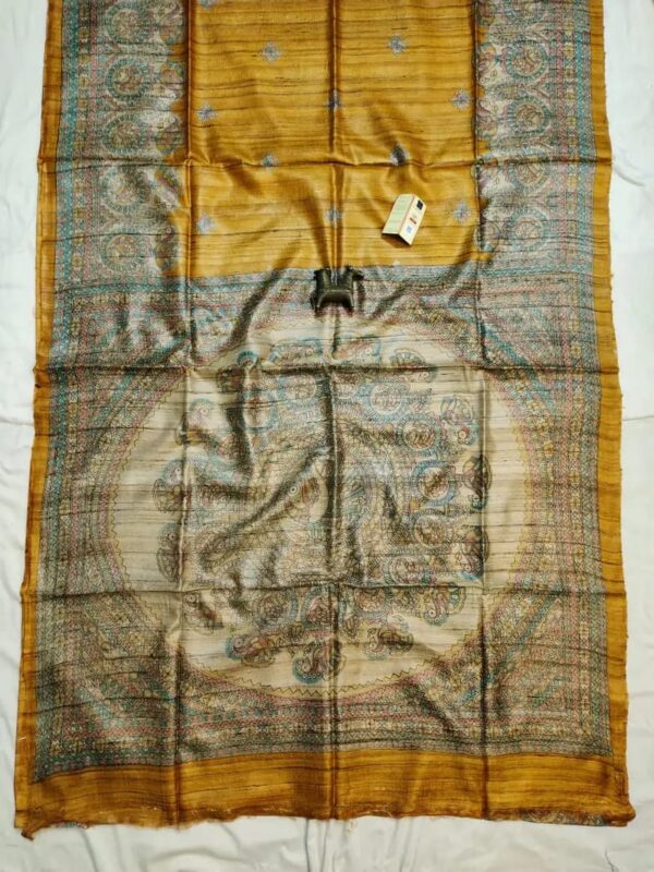 Handloom Tussar Ghicha Silk Saree with Artisan Screen-Printed Pallu & Border–Elegant Lightweight Ethnic Sari