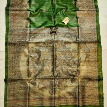 Handloom Tussar Ghicha Silk Saree with Artisan Screen-Printed Pallu & Border–Elegant Lightweight Ethnic Sari