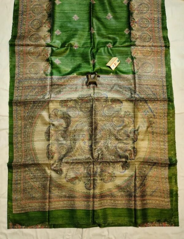Handloom Tussar Ghicha Silk Saree with Artisan Screen-Printed Pallu & Border–Elegant Lightweight Ethnic Sari