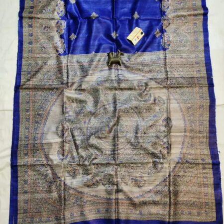 Handloom Tussar Ghicha Silk Saree with Artisan Screen-Printed Pallu & Border–Elegant Lightweight Ethnic Sari