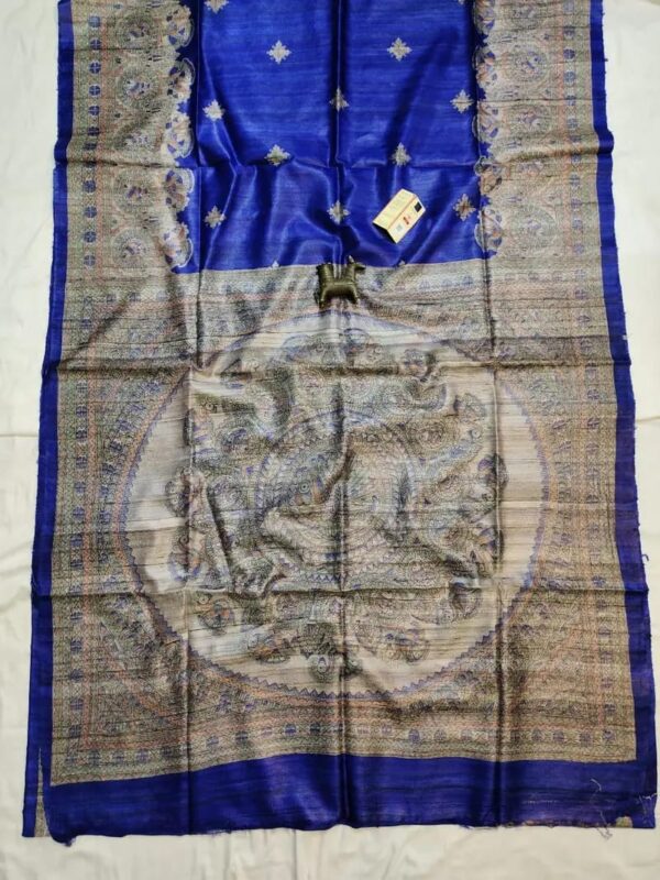Handloom Tussar Ghicha Silk Saree with Artisan Screen-Printed Pallu & Border–Elegant Lightweight Ethnic Sari