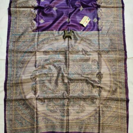 Handloom Tussar Ghicha Silk Saree with Artisan Screen-Printed Pallu & Border–Elegant Lightweight Ethnic Sari