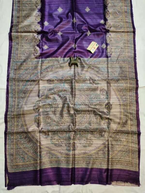 Handloom Tussar Ghicha Silk Saree with Artisan Screen-Printed Pallu & Border–Elegant Lightweight Ethnic Sari
