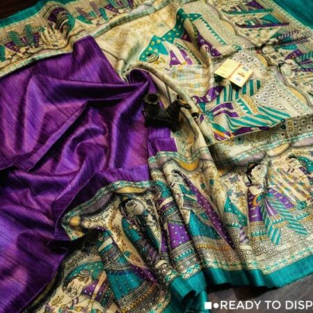 Handloom Tussar Ghicha Silk Saree with Artisan Screen-Printed Pallu & Border–Elegant Lightweight Ethnic Sari