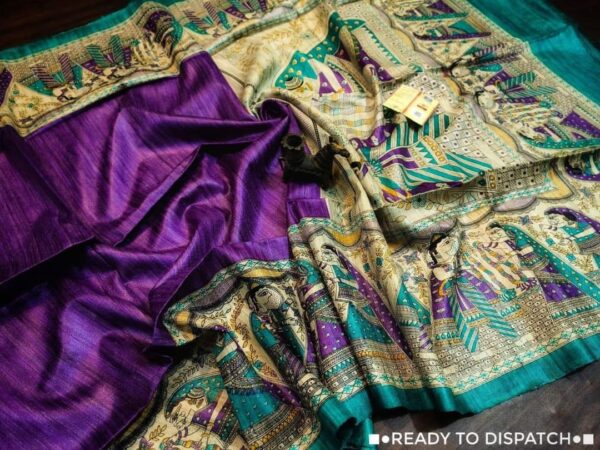 Handloom Tussar Ghicha Silk Saree with Artisan Screen-Printed Pallu & Border–Elegant Lightweight Ethnic Sari