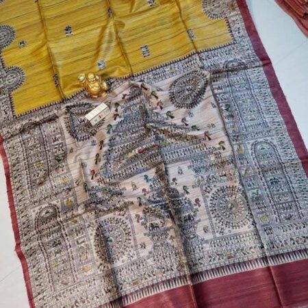 Handloom Tussar Ghicha Silk Saree with Artisan Screen-Printed Pallu & Border–Elegant Lightweight Ethnic Sari