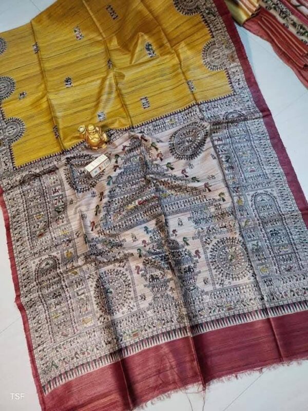 Handloom Tussar Ghicha Silk Saree with Artisan Screen-Printed Pallu & Border–Elegant Lightweight Ethnic Sari