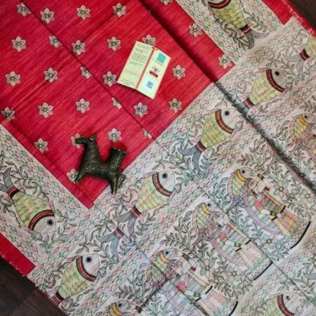 Handloom Tussar Ghicha Silk Saree with Artisan Screen-Printed Pallu & Border–Elegant Lightweight Ethnic Sari