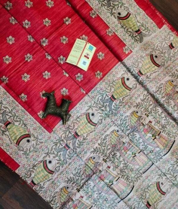 Handloom Tussar Ghicha Silk Saree with Artisan Screen-Printed Pallu & Border–Elegant Lightweight Ethnic Sari