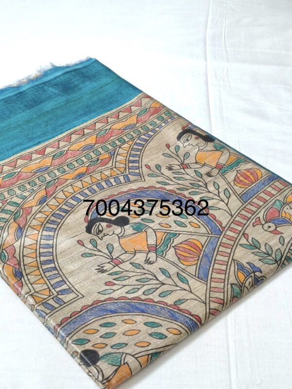 Original Handloom Tussar Ghicha Silk Saree with Traditional Madhubani Handpainted Anchal & Border