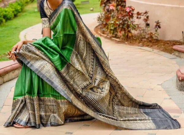 Handloom Tussar Ghicha Silk Saree with Artisan Screen-Printed Pallu & Border–Elegant Lightweight Ethnic Sari