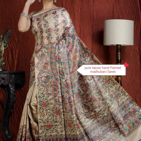 Authentic Handloom Ghicha Tussar Silk Saree with All-Over Madhubani Handpainted