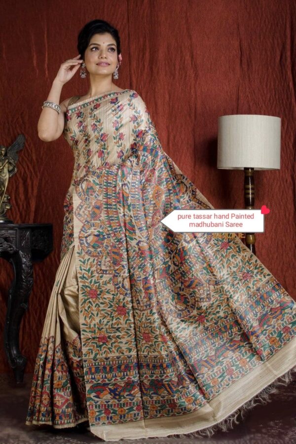 Authentic Handloom Ghicha Tussar Silk Saree with All-Over Madhubani Handpainted