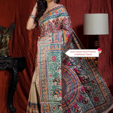 Authentic Handloom Ghicha Tussar Silk Saree with All-Over Madhubani Handpainted