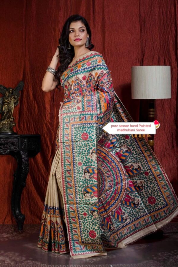 Authentic Handloom Ghicha Tussar Silk Saree with All-Over Madhubani Handpainted