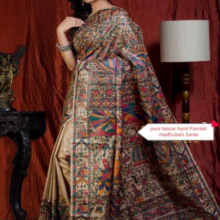 Authentic Handloom Ghicha Tussar Silk Saree with All-Over Madhubani Handpainted