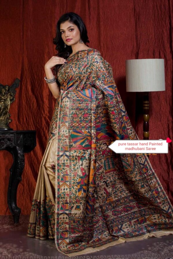 Authentic Handloom Ghicha Tussar Silk Saree with All-Over Madhubani Handpainted