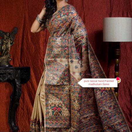 Authentic Handloom Ghicha Tussar Silk Saree with All-Over Madhubani Handpainted