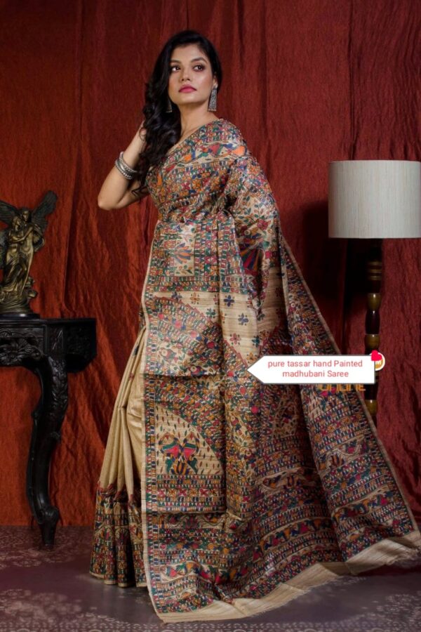 Authentic Handloom Ghicha Tussar Silk Saree with All-Over Madhubani Handpainted