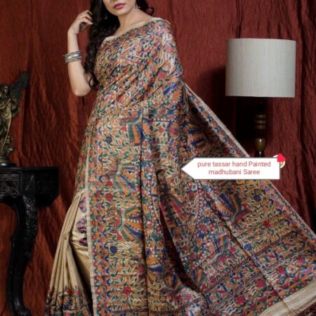 Authentic Handloom Ghicha Tussar Silk Saree with All-Over Madhubani Handpainted
