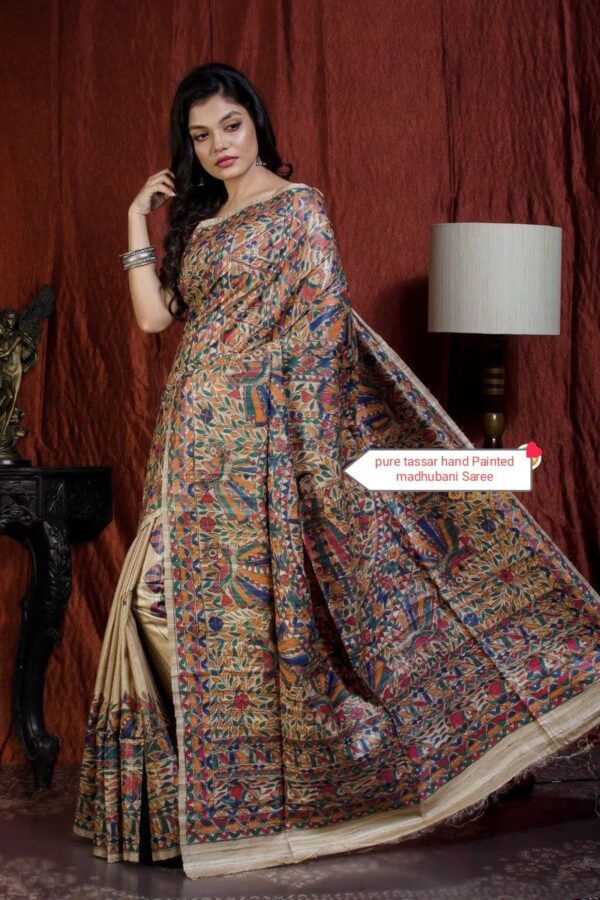 Authentic Handloom Ghicha Tussar Silk Saree with All-Over Madhubani Handpainted