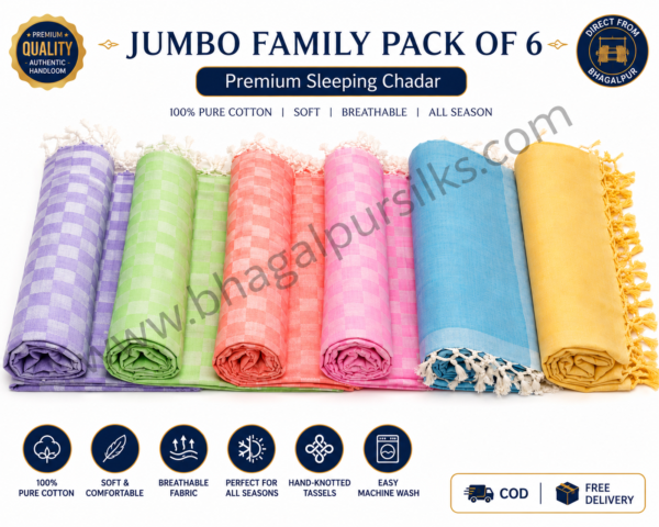 Premium Bhagalpuri Cotton Chadar Checkered-52*96 in Jumbo Family pack of 6
