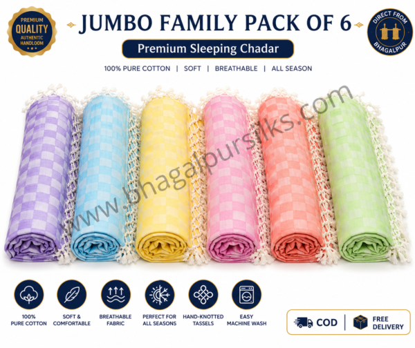 Premium Bhagalpuri Cotton Chadar Checkered-52*96 in Jumbo Family pack of 6