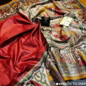 Handloom Tussar Ghicha Silk Saree with Artisan Screen-Printed Pallu & Border–Elegant Lightweight Ethnic Sari