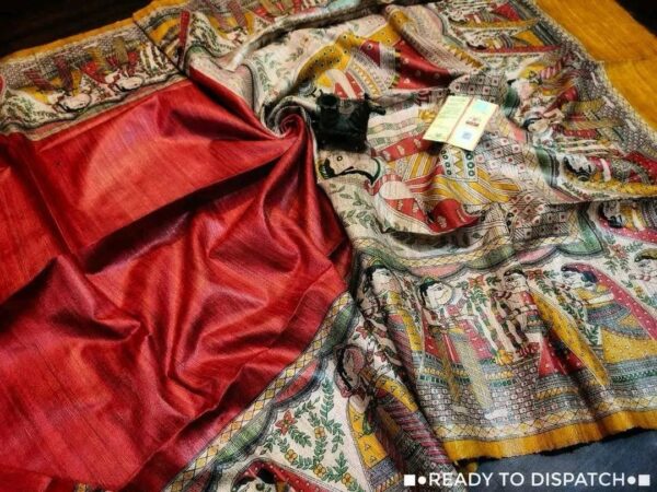 Handloom Tussar Ghicha Silk Saree with Artisan Screen-Printed Pallu & Border–Elegant Lightweight Ethnic Sari